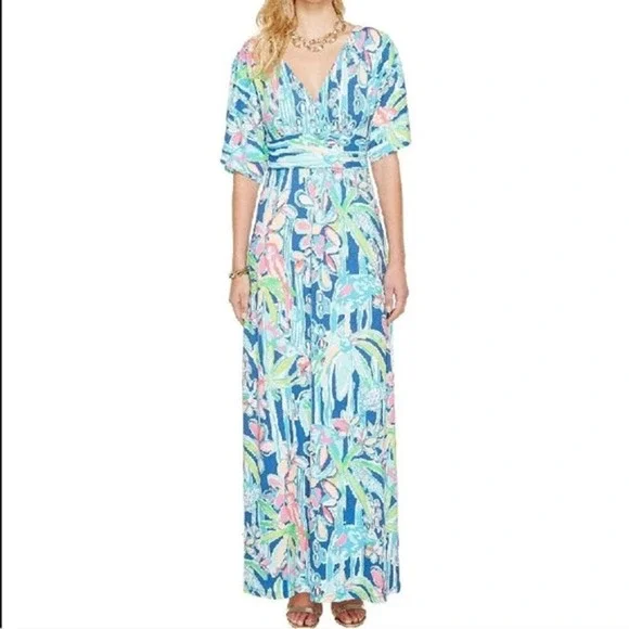 Lilly Pulitzer Parigi Stretch Maxi Dress Style 23900 Kimono Sleeve XXS Stretch - Picture 2 of 11